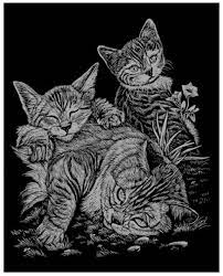 R&L Silver Foil Engraving Art A4 - Tabby Cat & Kittens