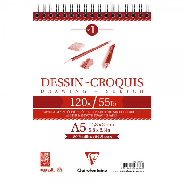 Clairefontaine Dessin-Croquis Wirebound Drawing Pad 120g. A5 - 50 Sheets