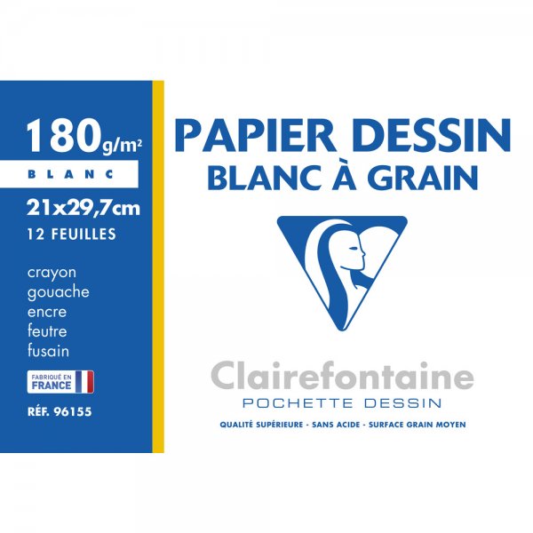Clairefontaine Blanc à Grain Drawing Paper 180 g, A4, Pouch 12 sheets.